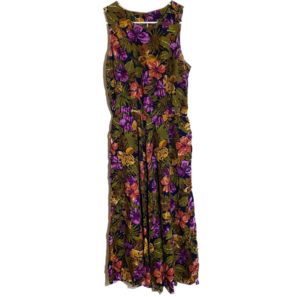 Vintage S.L. Fashions Maxi Sun Dress 80s USA Tank Keyhole Back Hibiscus Multi 12